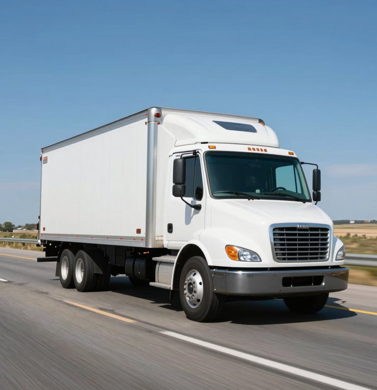 A high-speed white delivery truck driving through a sunlit North American highway landscape, blurred asphalt and clear blue sky to convey efficiency and speed, sharp focus on the vehicle.