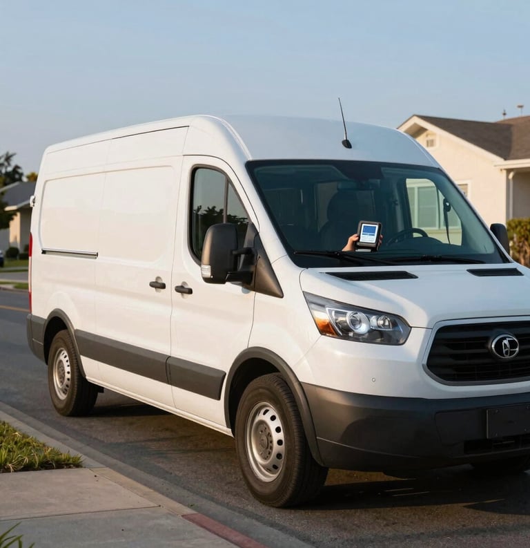 A white logistics cargo van parked on a residential North American street, with a focus on a professional driver holding a digital logging device, soft afternoon sunlight, clear sky.