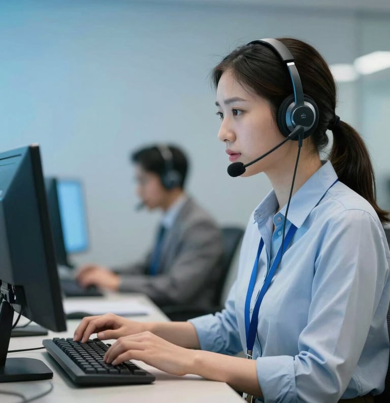 A North American dispatcher working at a clean, professional workstation, wearing a sleek headset and communicating clearly, light blue lighting accents, professional atmosphere.