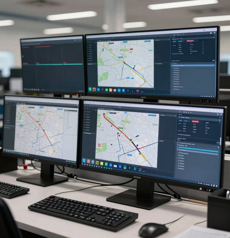 Photography of a North American logistics dispatch center, focused on multiple professional computer displays showing real-time maps and route data in dark navy and slate grey tones, clean modern office environment.