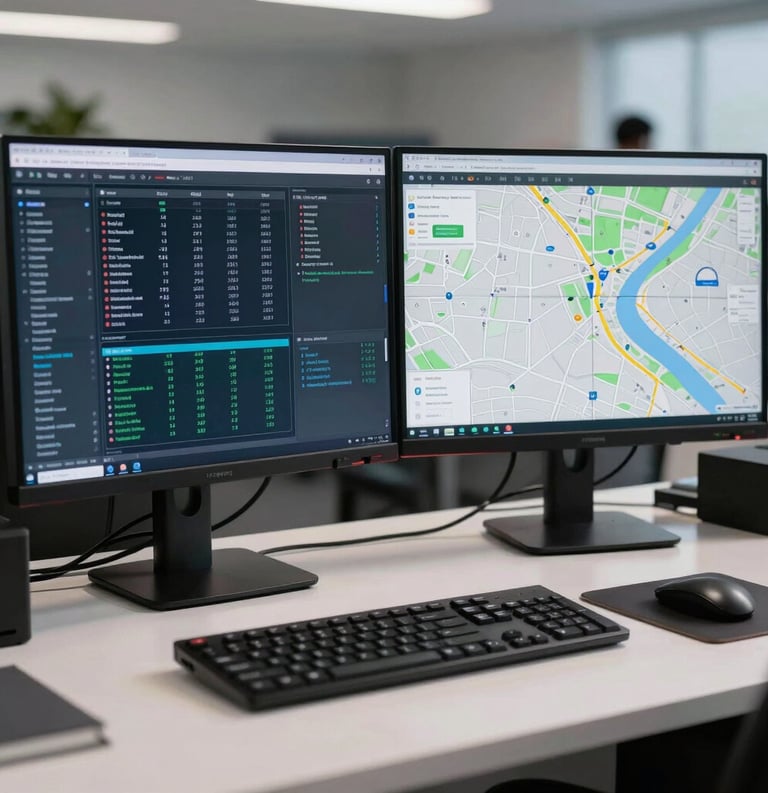 A clean, modern dispatch workstation in the US featuring high-resolution monitors displaying logistics data and maps, shallow depth of field, professional lighting.