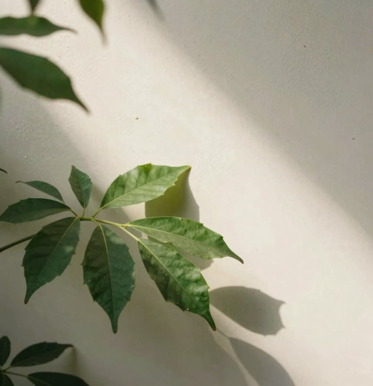 Artistic photography of green leaves dappled in sunlight against a cream wall, minimalist composition, evoking a sense of tranquility and growth.
