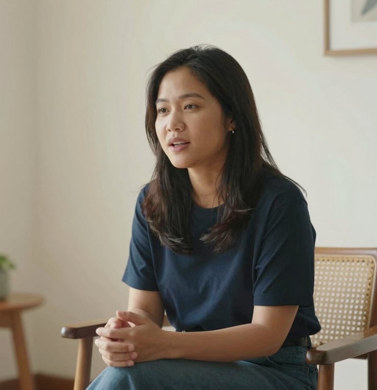 A professional photography of a Southeast Asian woman named Trân with a warm and nurturing expression, sitting in a sun-drenched minimalist room with soft cream white walls and wooden furniture, engaging in an authentic conversation, soft natural lighting.
