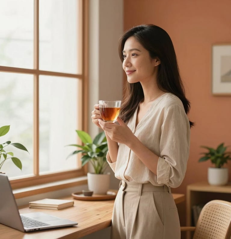 High-quality lifestyle photography of a Southeast Asian woman named Trân standing in a minimalist home office with plants, holding a warm cup of tea, looking out the window with a peaceful smile, warm terracotta orange and soft cream white lighting.