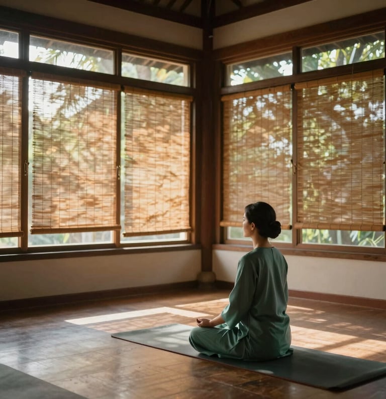 A wide shot of a tranquil Southeast Asian meditation room with large windows, soft morning light filtering through bamboo screens, featuring a person in a muted teal green outfit sitting peacefully, authentic and serene atmosphere.