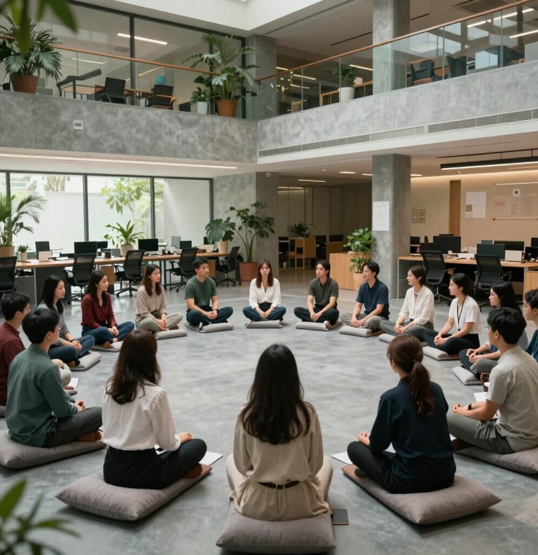 A wide-angle candid shot of a mindful leadership workshop in a modern Vietnamese office with sustainable architecture, group of people sitting on floor cushions in a circle with Trân guiding the session, warm pebble grey and sage grey tones.