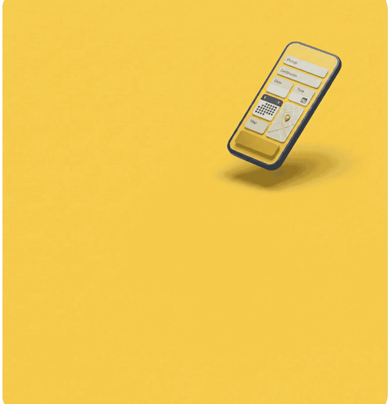 3D mobile app interface for ride booking with calendar and map icons on a yellow background.