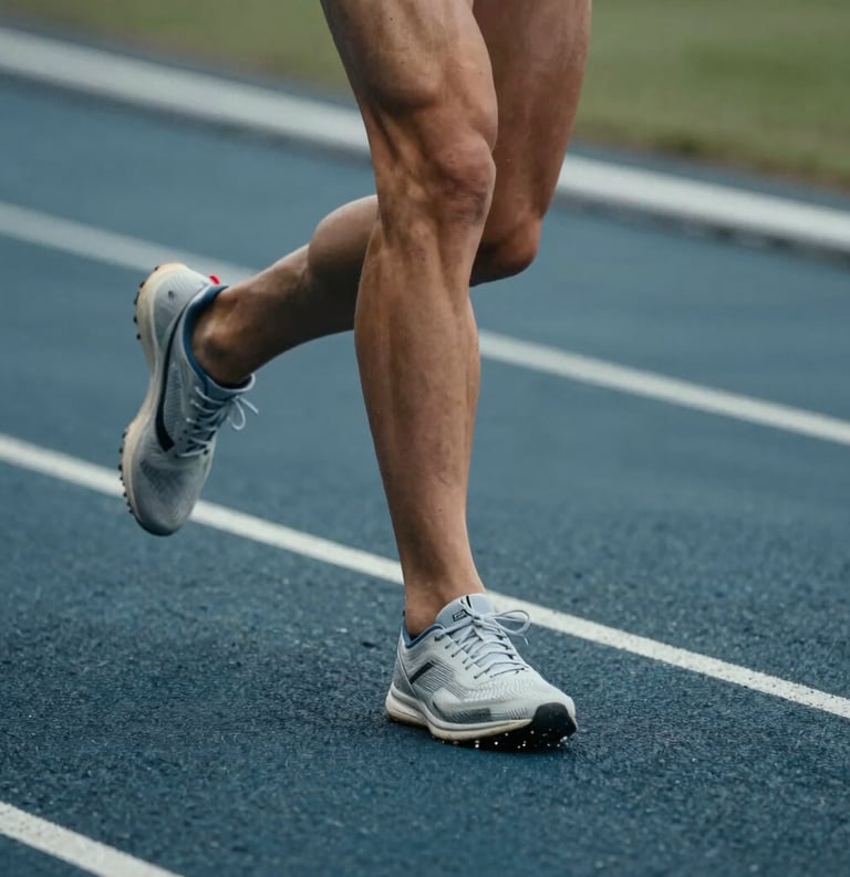 Cinematic photography of a European French athlete's legs mid-stride on a running track, focus on the foot striking the ground, modern sports shoes, muted blue and soft grey tones, professional lighting.