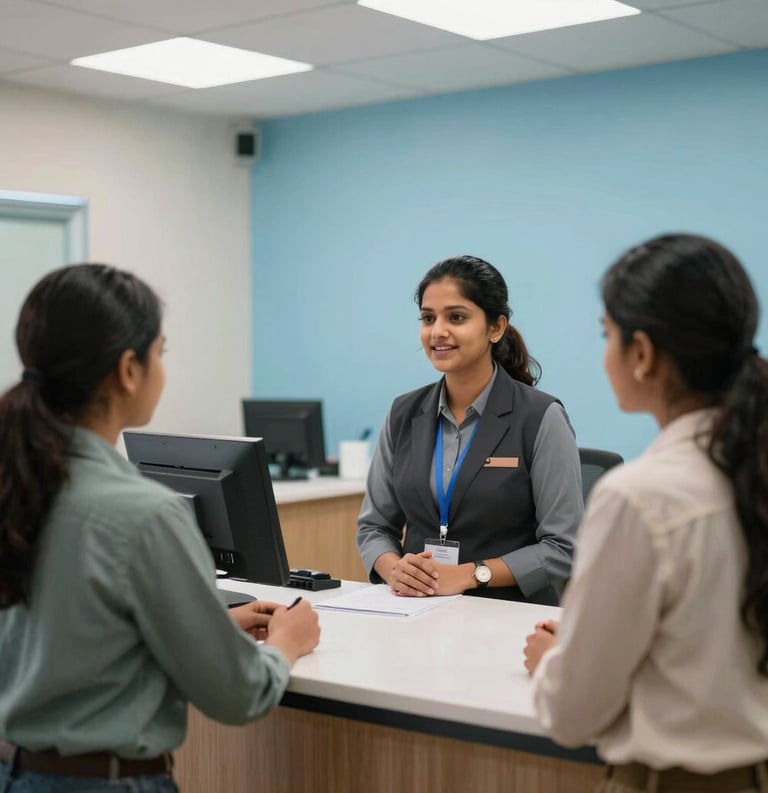 A modern, professional school office interior in India with a warm, welcoming South Asian / Indian receptionist talking to a parent, featuring clean layouts and sky blue accent walls.