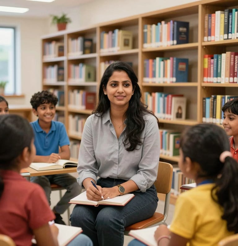 A professional South Asian female educator sitting with a group of smiling children in a modern library. The setting is bright and academic with colorful bookshelves. Vibrant, high-quality photography.