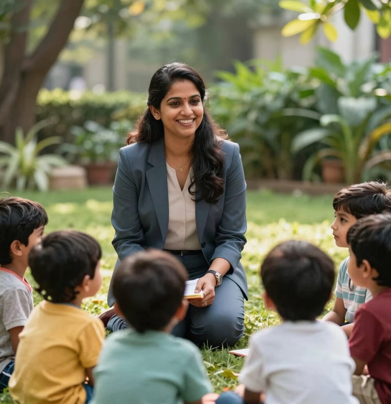 A professional South Asian / Indian female teacher in elegant smart-casual attire smiling warmly at a group of toddlers during an outdoor story-time session in a sun-drenched, lush green garden.