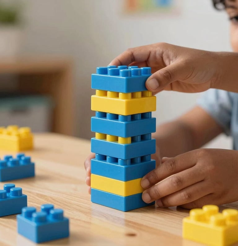 A close-up shot of small South Asian / Indian hands stacking bright sky blue and yellow building blocks on a clean wooden table, soft morning light in a premium play school setting.