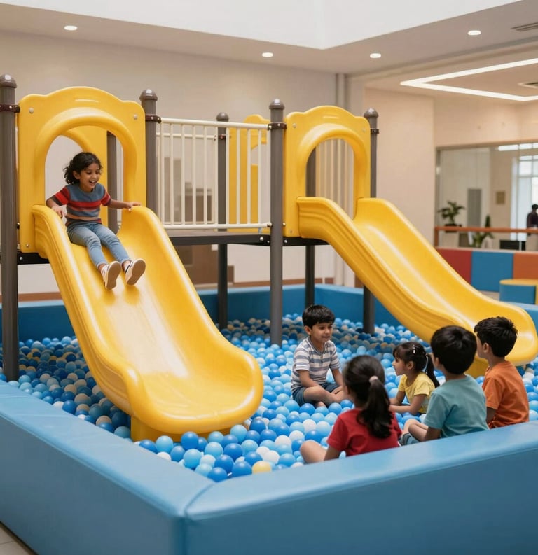 A wide-angle photo of a vibrant, clean indoor playground with yellow slides and sky blue ball pits, filled with happy South Asian / Indian children playing together under bright, cheerful lighting.