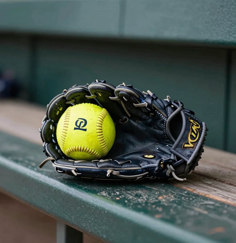 Close-up photography of a professional softball and a leather glove resting on a dugout bench in a North American / US stadium, sharp focus, natural daylight, sophisticated athletic mood.