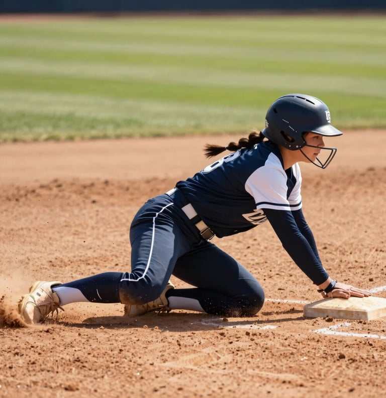 A dynamic action photograph of a softball player in a dark blue and white uniform sliding into a base, with dirt flying, captured in sharp focus on a sunlit North American / US field.