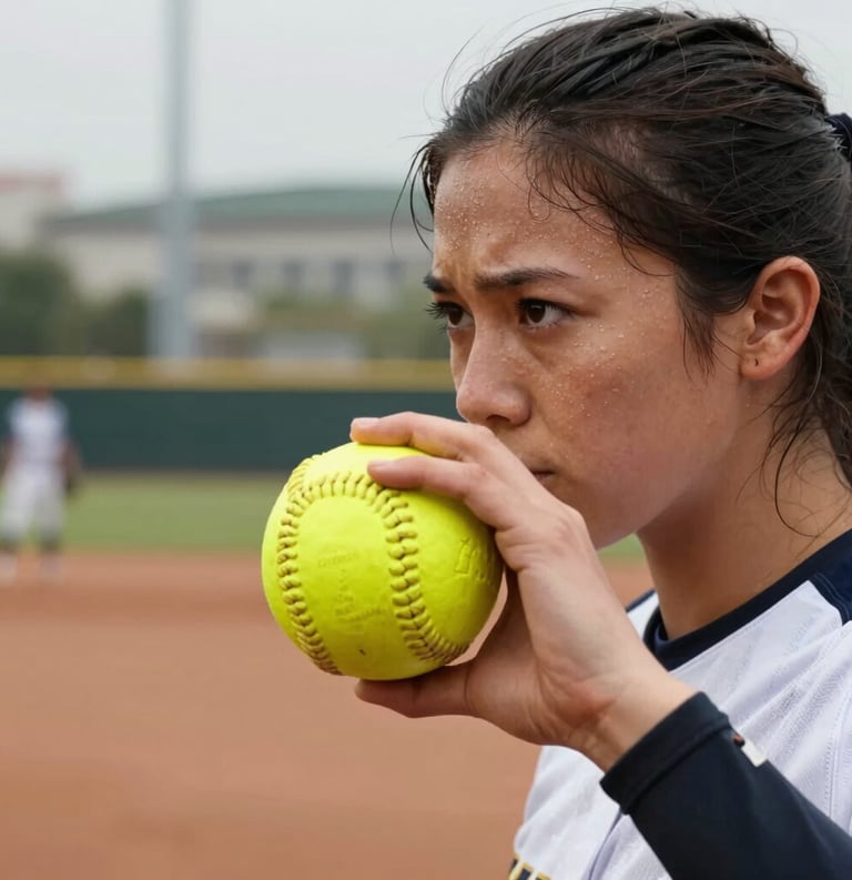 A close-up photograph of a softball pitcher's hand gripping the ball with intense focus, sweat on her brow, in a modern North American / US training facility.