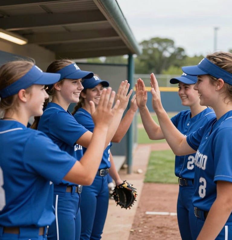 A group of teenage female softball players in matching blue uniforms laughing and high-fiving in a North American / US dugout, representing community and team spirit.