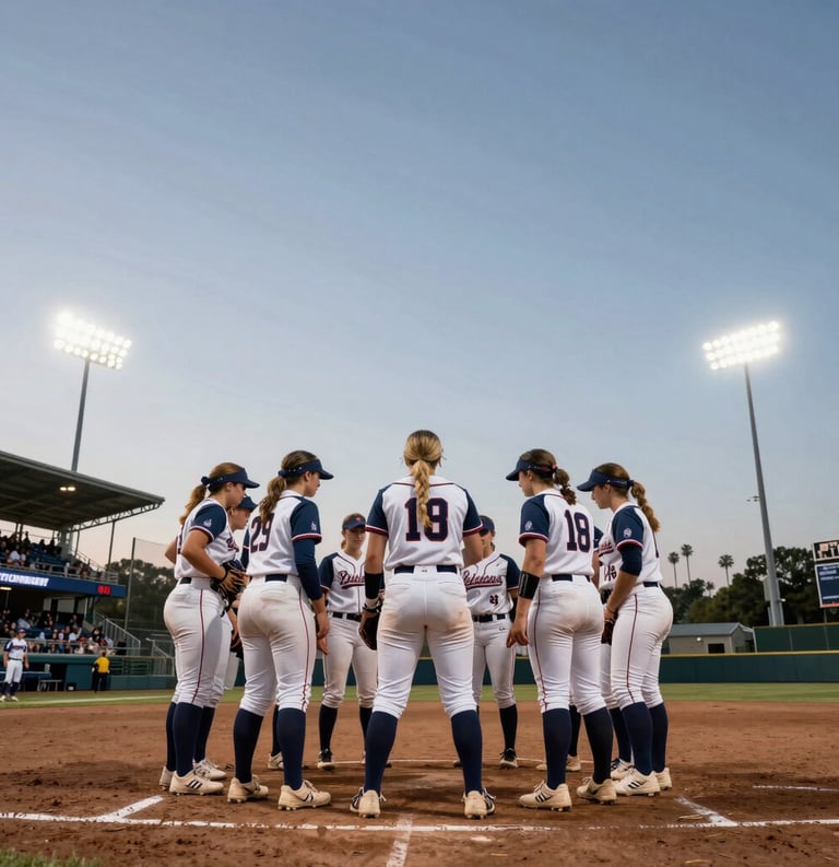 A professional wide-angle shot of a softball team huddle under bright stadium lights at twilight in a North American / US sports complex, showing unity and focus.