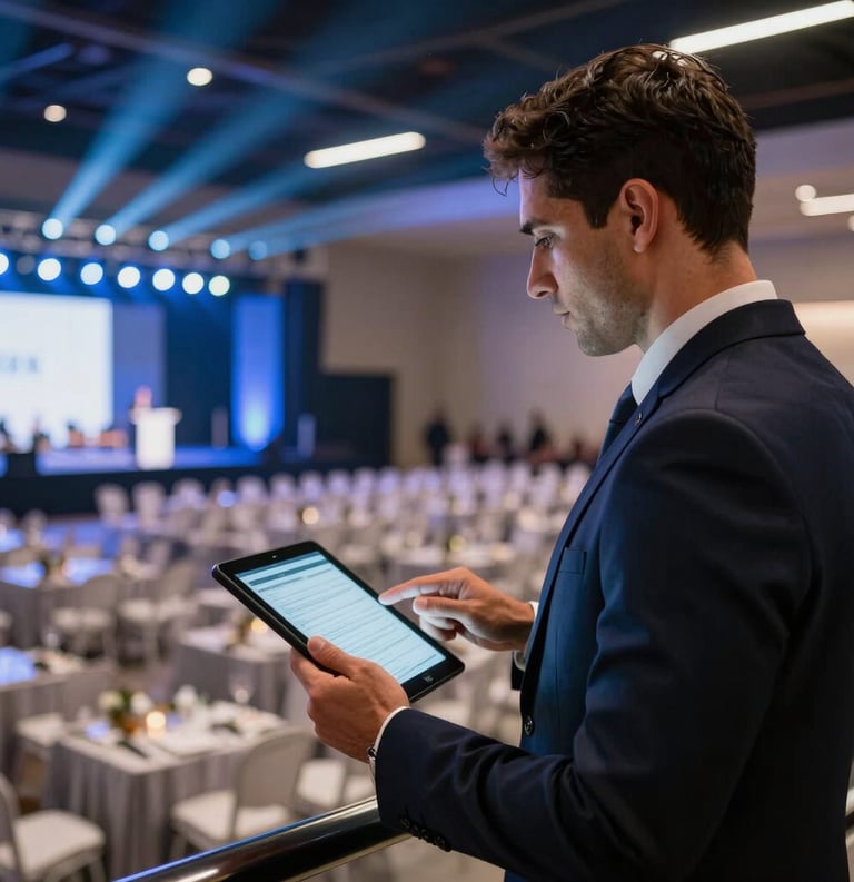 A professional South American event manager holding a digital tablet, supervising a large-scale corporate event setup with elegant blue and white stage lighting in a modern Brazilian venue.