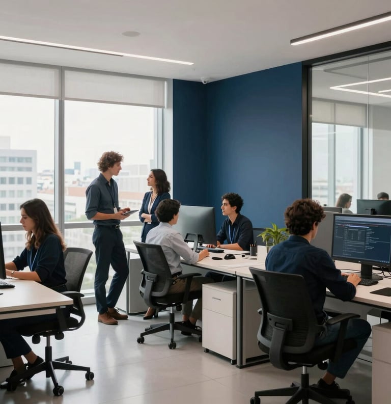 A high-end, contemporary Brazilian marketing office with a team collaborating in a bright space, featuring minimalist navy blue accents, large windows, and a professional dynamic vibe.