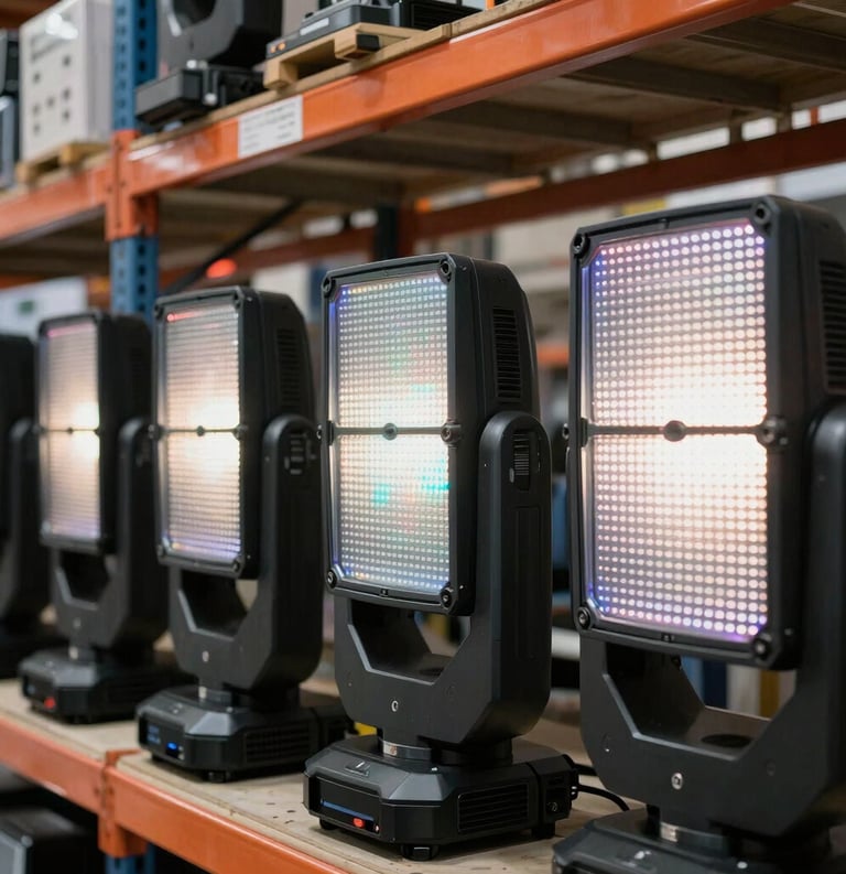Close-up of professional audio-visual equipment including high-resolution LED panel modules and moving head lighting fixtures, arranged neatly in a clean South American technical warehouse.
