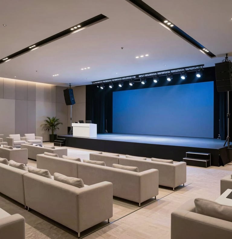 A sleek, modern corporate event venue in Brazil, featuring minimalist furniture, professional stage lighting, and a palette of steel blue and off-white.