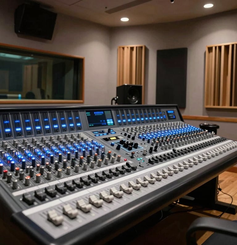 A state-of-the-art South American recording studio, featuring a large mixing console with glowing steel blue indicators, professional acoustic panels, and a sleek modern interior design.
