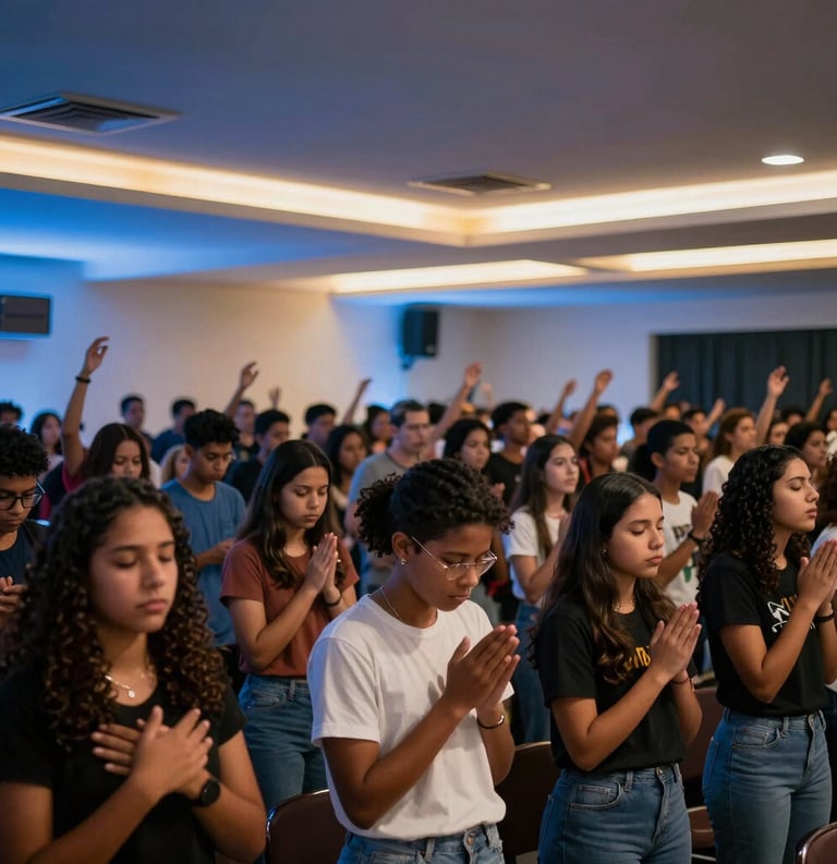 A high-energy photograph of a youth congress in Brazil, with a large group of young people worshiping in a modern sanctuary with professional blue and gold lighting.