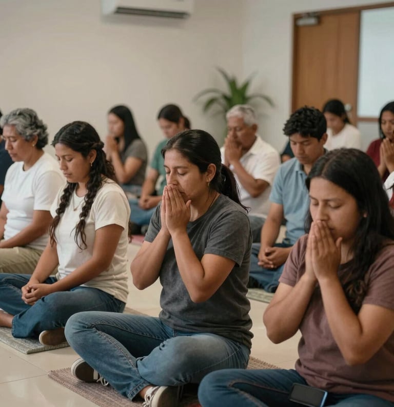 Photography of a diverse group of South American people in a modern, welcoming prayer room, showing a moment of deep spiritual connection and quiet reflection, soft lighting.