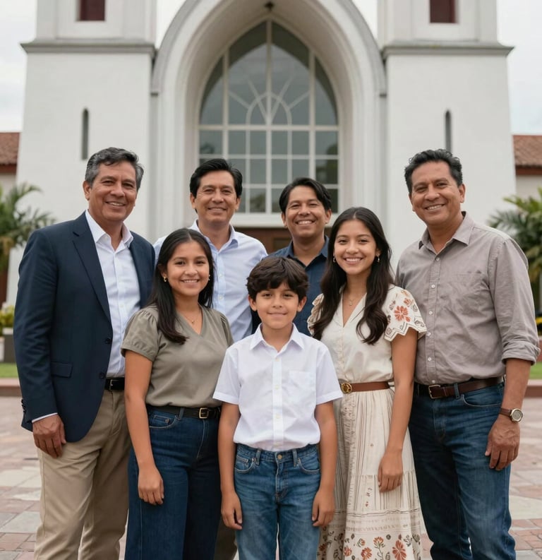 A joyful South American family standing outside a modern church building, dressed in smart casual attire, smiling at the camera, representing the welcoming community spirit.