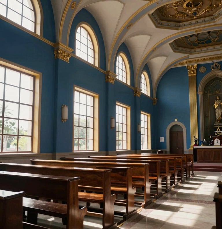 A wide photography shot of a modern South American church interior, with elegant navy blue and gold accents, natural light streaming through windows, and a peaceful, spiritual atmosphere.