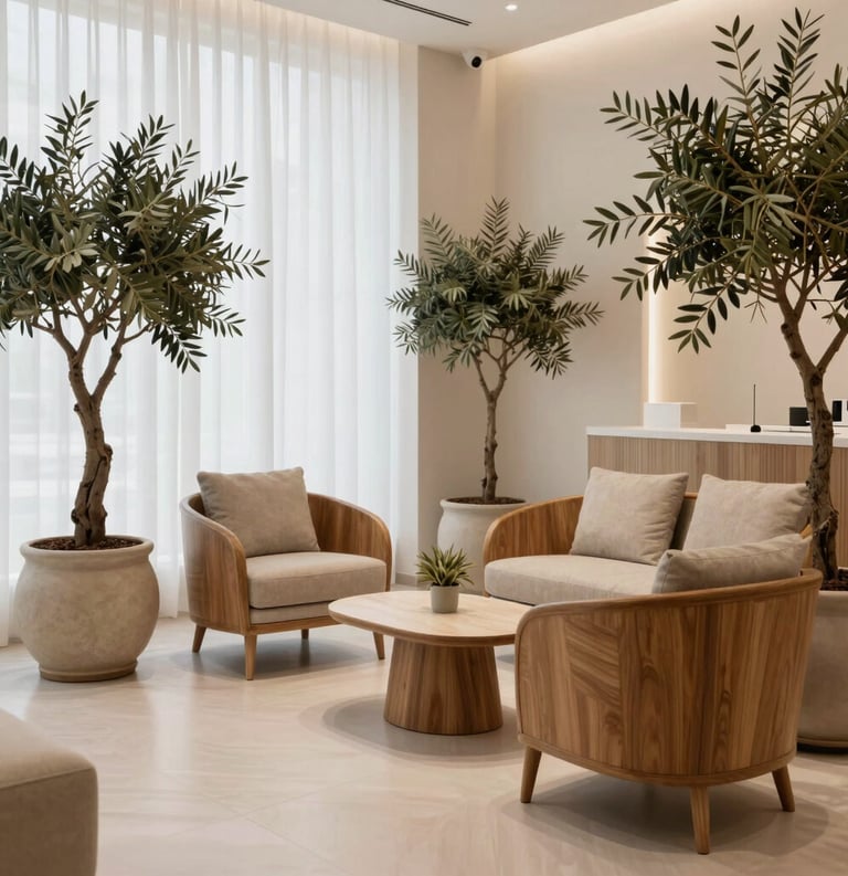 A serene waiting area of a luxury dental boutique in Southern Europe, featuring oak wood furniture, olive trees in ceramic pots, and soft white curtains.