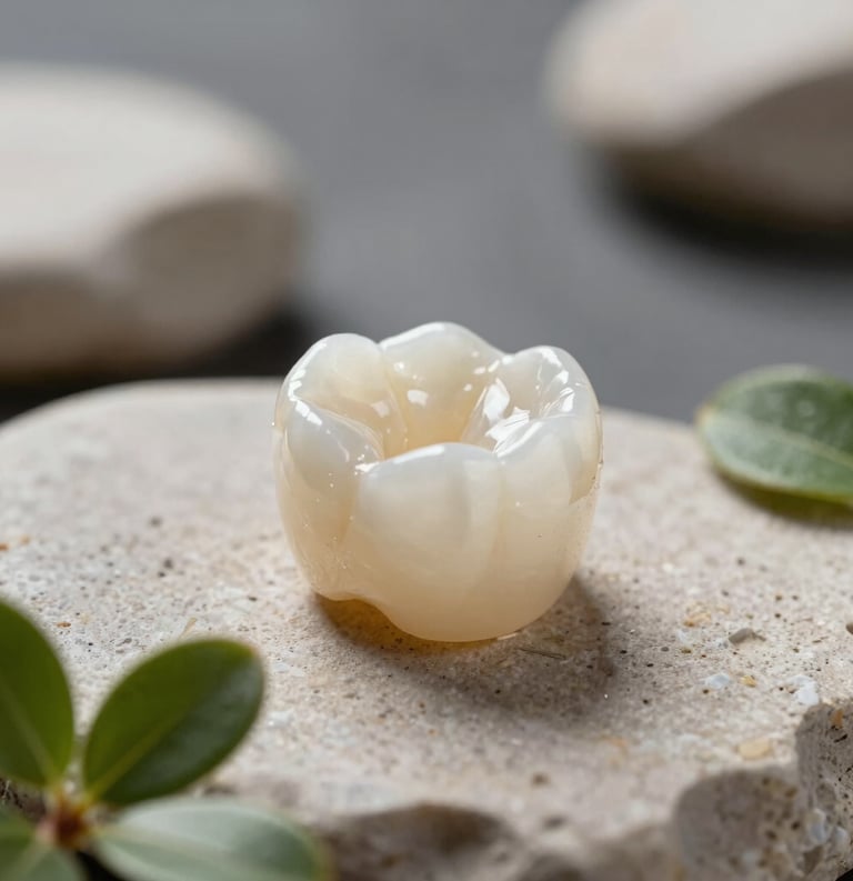 Macro photography of a translucent ceramic dental crown placed on a smooth light beige stone, surrounded by small green leaves, soft focus background, emphasizing the beauty of metal-free materials, high-end studio lighting.