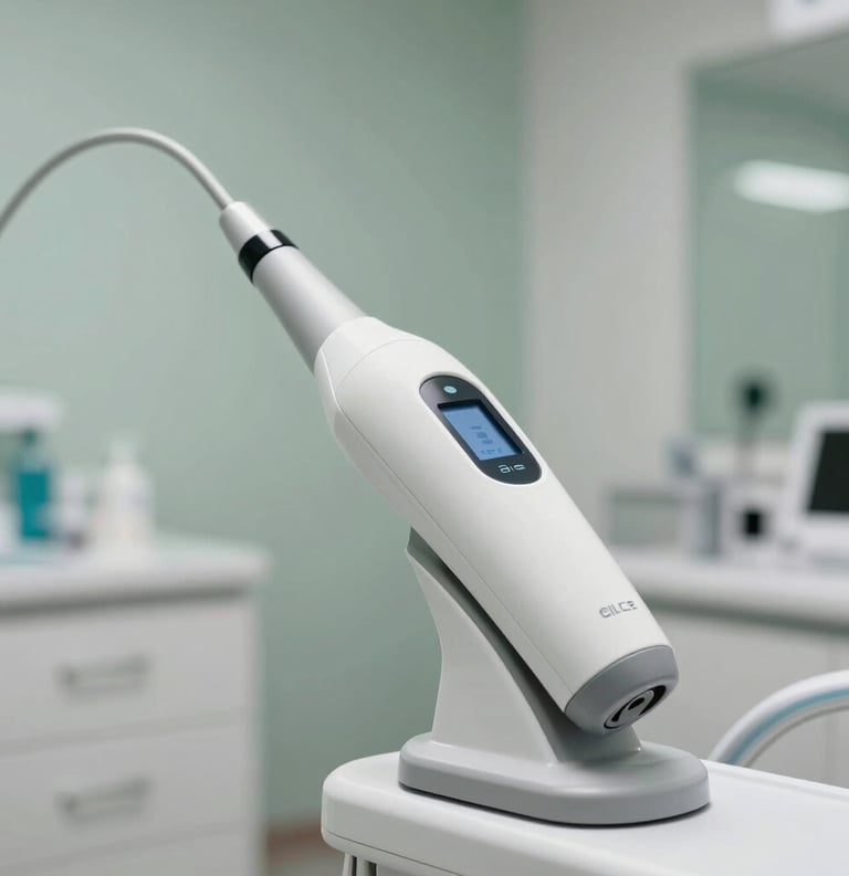 A high-tech digital intraoral scanner in a bright, modern Southern European dental office, clean lines, sage green accents in the background.