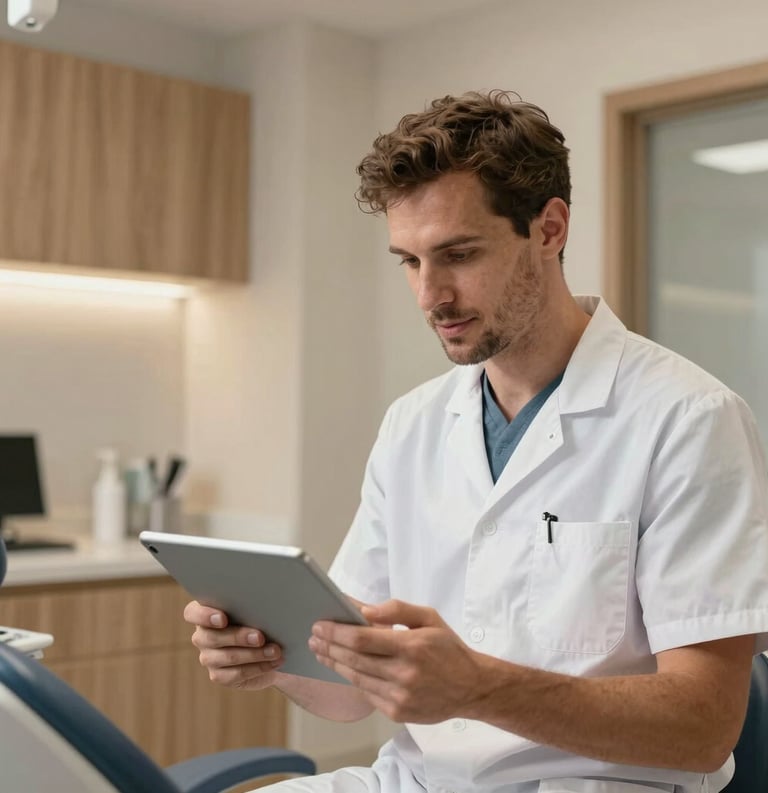 A Southern European professional dentist in a modern clinic explaining a treatment plan using a tablet, warm natural lighting, minimalist beige and wood interior.