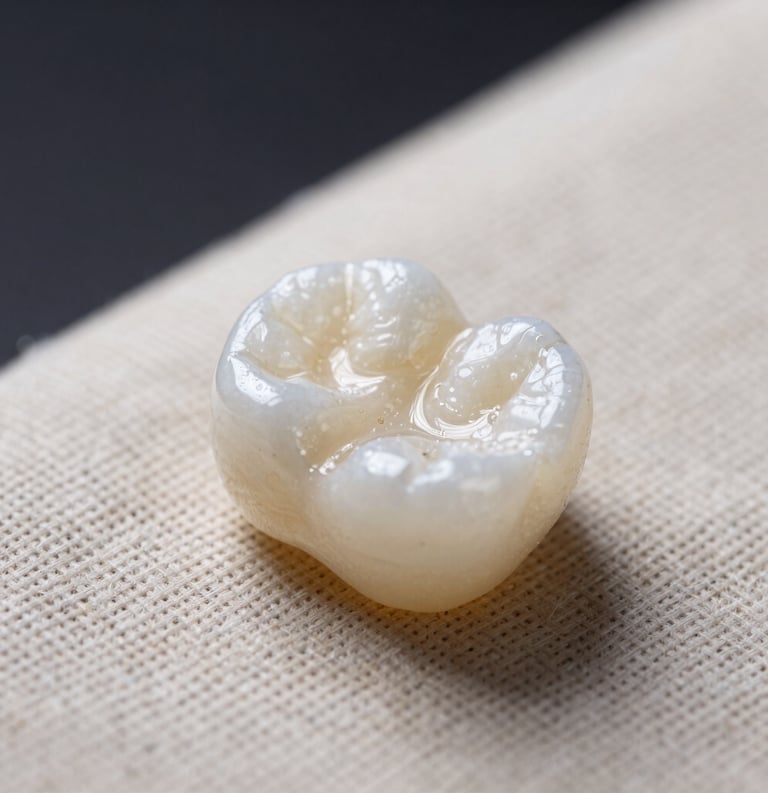 Close-up of a high-quality white zirconia dental crown resting on a natural linen cloth, soft morning light, professional medical photography style.