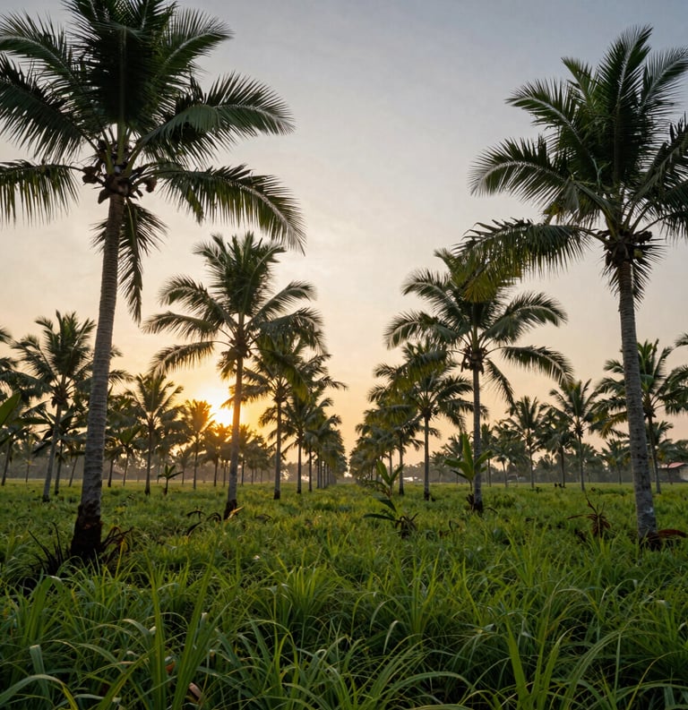Wide-angle photography of a lush palm oil plantation in a Southeast Asian / Indonesian landscape during sunrise, rows of vibrant green palm trees under a golden sky, professional and serene composition.