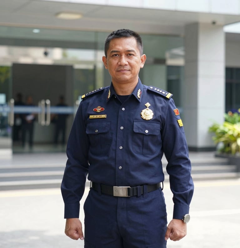 A sharp, professional portrait of an Indonesian security officer in a deep navy uniform, standing with a supportive and confident posture in front of a modern corporate entrance, bright daylight, professional photography style.