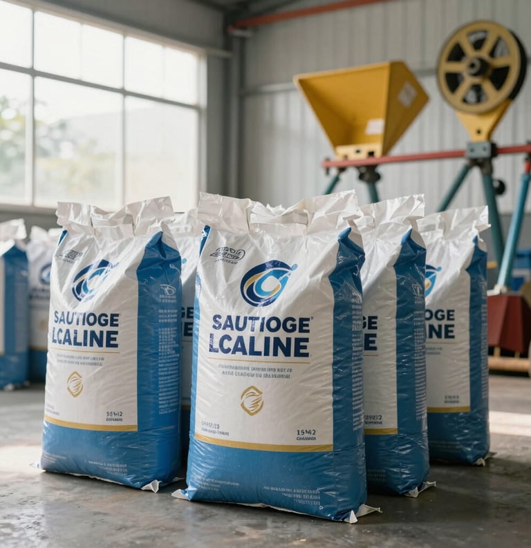 Professional photography of high-quality fertilizer bags and modern agricultural tools in a bright Southeast Asian storage facility, lighting is natural and clean, muted blue and gold tones.