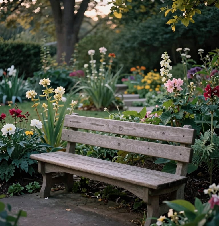 A quiet and serene North American prayer garden with a wooden bench under the soft light of dawn, surrounded by muted green plants and blooming flowers.