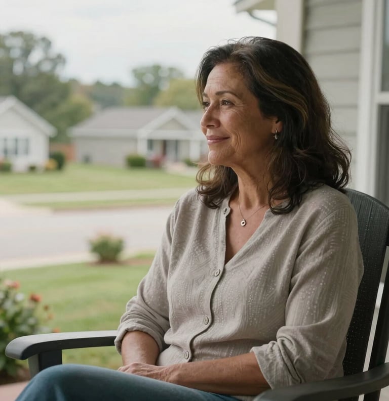 A mature North American woman sitting on a porch chair, looking out at a suburban landscape with a gentle smile of contentment, professional photography with soft lighting.