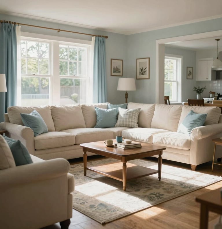 A warm, sunlit residential living room in a North American home, featuring soft off-white furniture and light blue accents, exuding a sense of peace and stability.