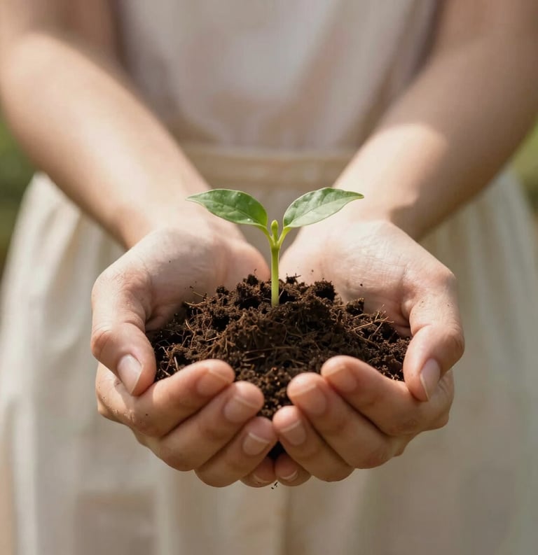 Close-up photography of a woman's hands gently cupping a handful of dark, fertile soil with a small green sprout emerging, soft sunlight filtering through leaves, warm brown and light cream tones.