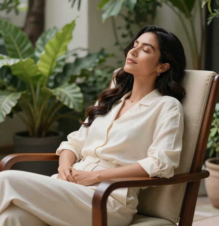 A Latin American woman resting in a comfortable chair in a sunlit garden, surrounded by lush green plants, eyes closed in a state of peaceful reflection, soft focus, sophisticated and approachable style, palette of cream and deep mahogany.