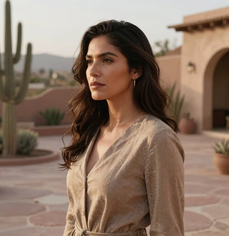 Portrait of a serene Latin American woman in an open-air stone patio with desert plants, soft morning light hitting her face, she looks insightful and empowered, sophisticated style, palette of tan and muted brown.