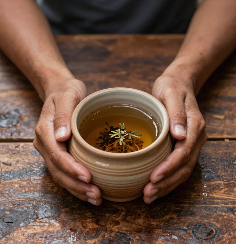 Close up of Latin American hands holding a handmade ceramic cup filled with aromatic herbal infusion, soft natural light reflecting off a rustic wooden table, earthy tones of tan and muted brown, nurturing atmosphere.