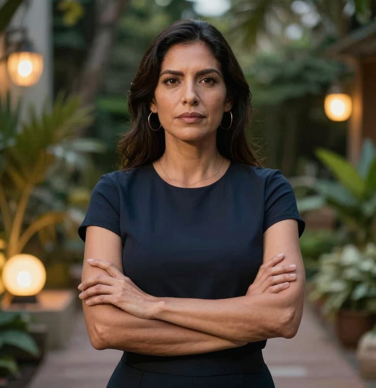 A medium shot of an elegant South American woman with a look of profound confidence and hope, standing in a lush garden at dusk lit by warm golden lamps. The atmosphere is professional and discreet.