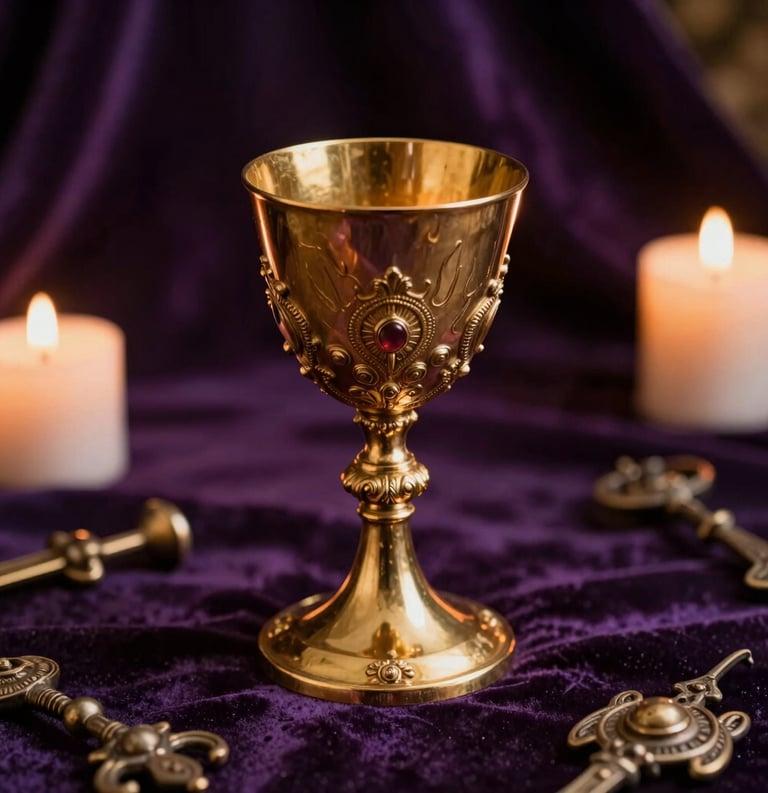 A close-up photograph of an ornate golden chalice and ancient spiritual artifacts resting on a dark purple velvet cloth. Soft candle lighting creates a mysterious and professional atmosphere in a South American sanctuary.