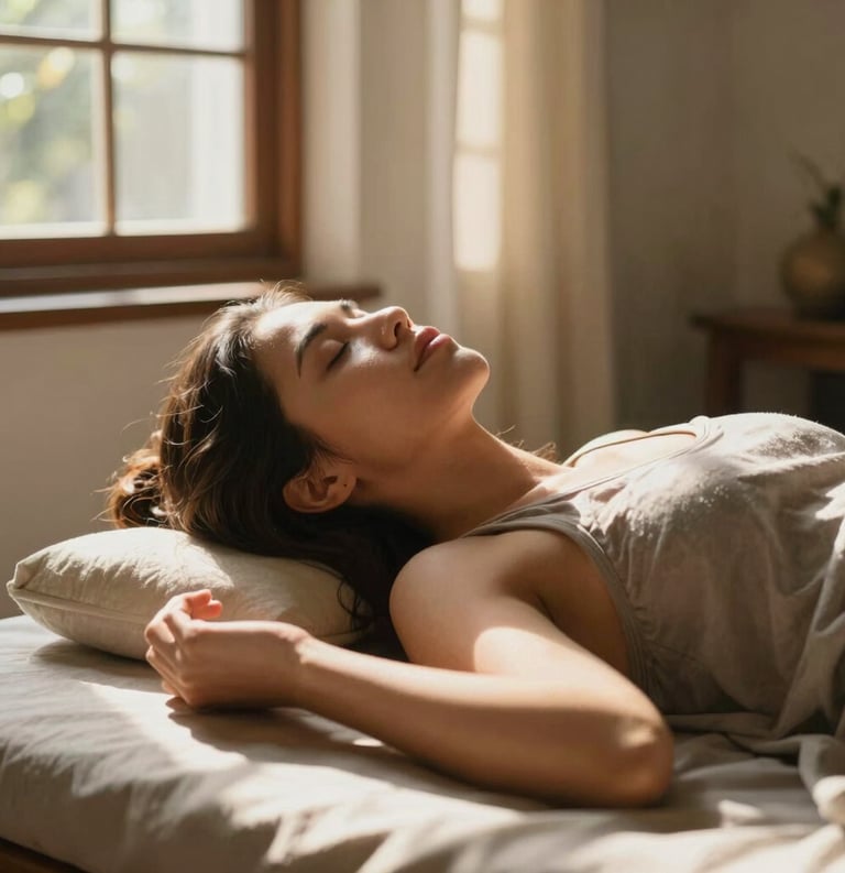 A South American woman looking serene and relieved, resting in a bright, tranquil room with golden sunlight streaming through the window, symbolizing peace found through spiritual work.