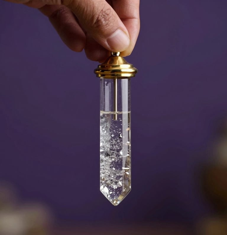 A close-up of a silver and gold crystal pendulum being held by a hand in a South American spiritual setting. The background is a soft dark purple. Professional photography.